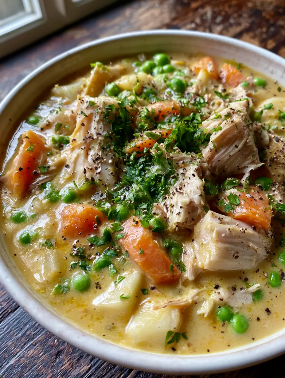 Close up shot of Chicken Vegetable Stew showing thick creamy golden broth and pulled white meat chicken.