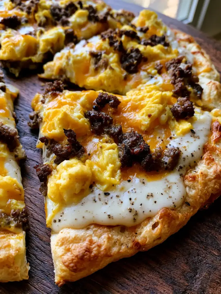 Sausage Gravy Breakfast Pizza with Flaky Biscuit Crust 1 Detailed view of the thick country gravy and melted orange cheddar cheese on a Sausage Gravy Breakfast Pizza.