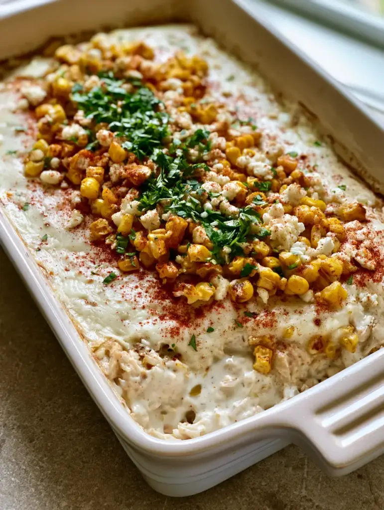 Street Corn Chicken Casserole: The Ultimate Cheesy Mexican-Inspired Dinner 1 Close-up of shredded chicken mixed with thick white sauce and topped with browned cheese and chili powder.