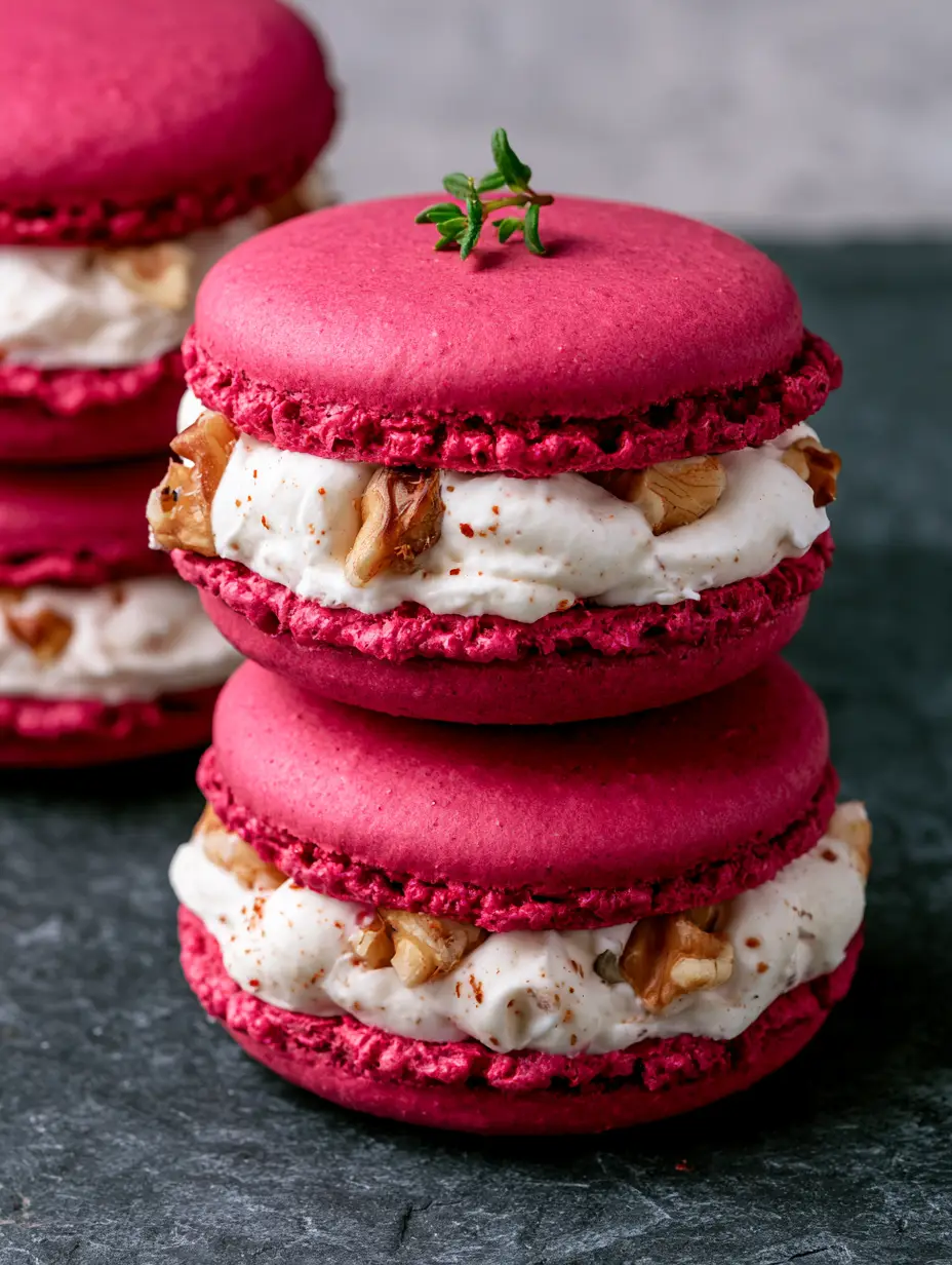 Close up of Savory Beet Macarons showing the ruffled feet and matte white goat cheese filling speckled with walnuts.