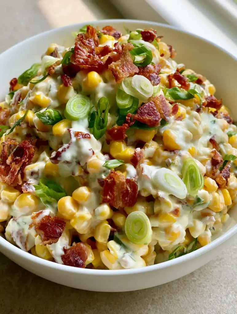 Bacon and Corn Salad with Creamy Dressing and Fresh Green Onions 1 Slightly angled photo of Bacon and Corn Salad showing reddish-brown bacon bits and green onion rings on a stone surface.