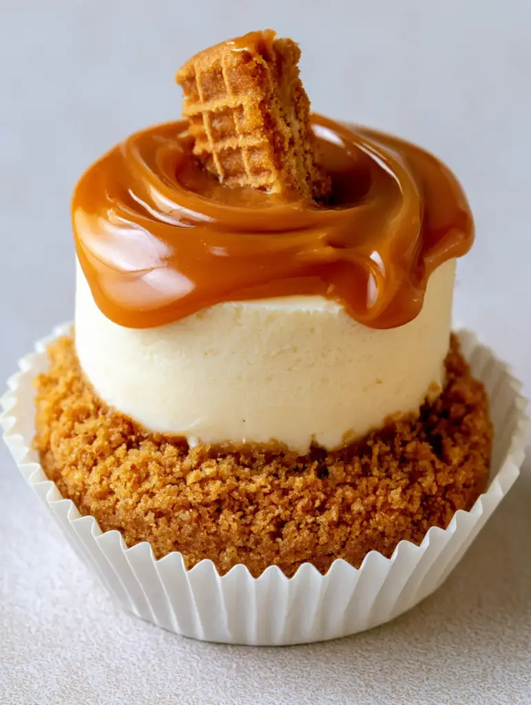 Cookie Butter Cheesecake Cups: The Ultimate Pinterest-Famous Recipe 2 An individual Cookie Butter Cheesecake Cup held in a white fluted paper liner showing the thick cookie crust and matte filling.