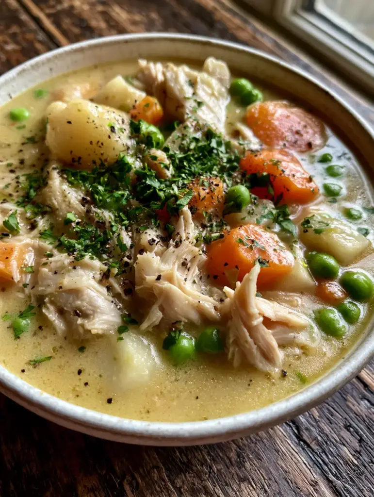 Overhead view of Chicken Vegetable Stew in a ceramic bowl garnished with fresh parsley and black pepper.