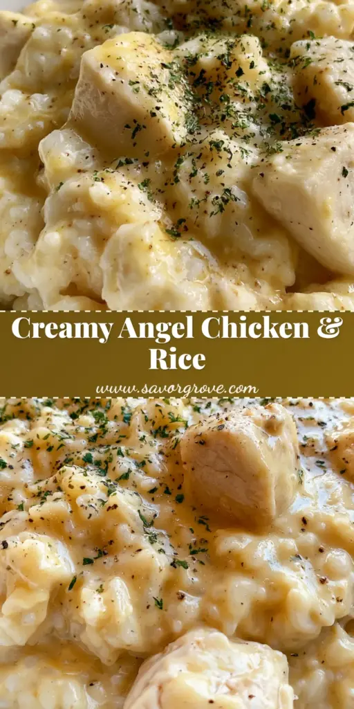Angel Chicken and Rice: The Creamiest Golden One-Bowl Dinner 3 A vertical overhead shot of Angel Chicken and Rice in a white bowl, showing the thick creamy golden sauce and tender chicken chunks garnished with parsley.