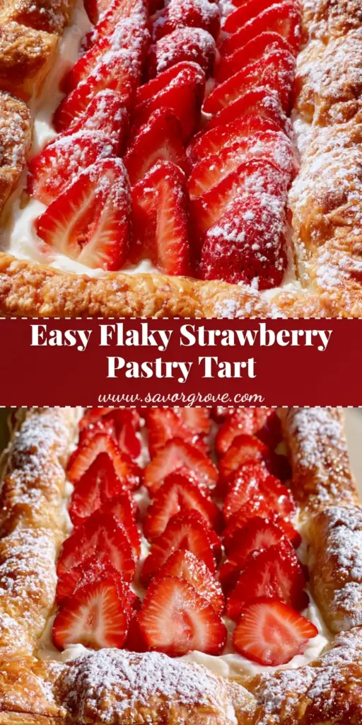 Strawberry Puff Pastry Tart: The Ultimate Flaky Summer Dessert 4 Top-down view of a rectangular Strawberry Puff Pastry Tart with golden flaky edges, white cream cheese filling, and rows of sliced red strawberries dusted with powdered sugar.