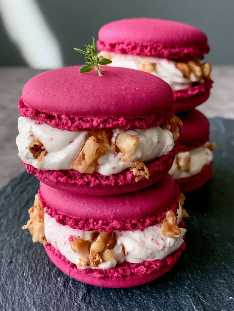 Three savory macarons stacked on a dark slate surface with fresh micro-thyme garnish.