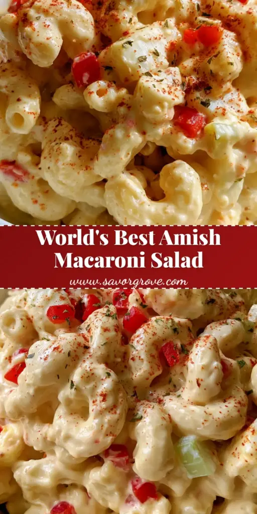 A handheld smartphone photo showing a bowl of creamy Amish Macaroni Salad with hard-boiled eggs and red bell peppers.