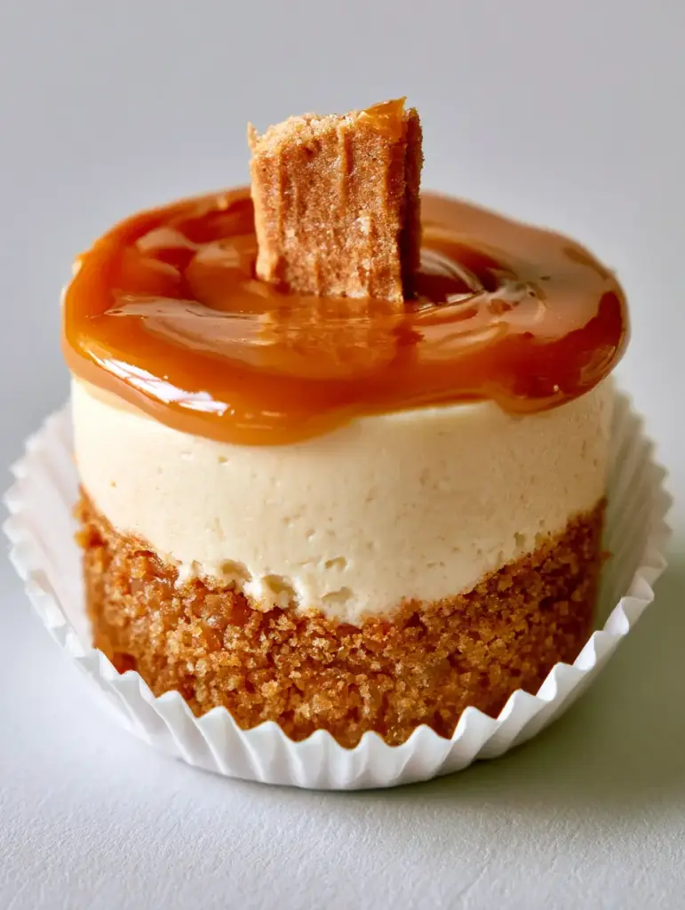 Cookie Butter Cheesecake Cups: The Ultimate Pinterest-Famous Recipe 1 Top view of Cookie Butter Cheesecake Cups with a glossy amber cookie butter pour and upright cookie garnish.