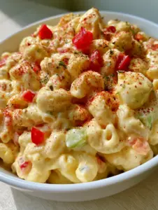 Close-up of Amish Macaroni Salad in a white ceramic bowl showing glossy dressing and paprika dusting.