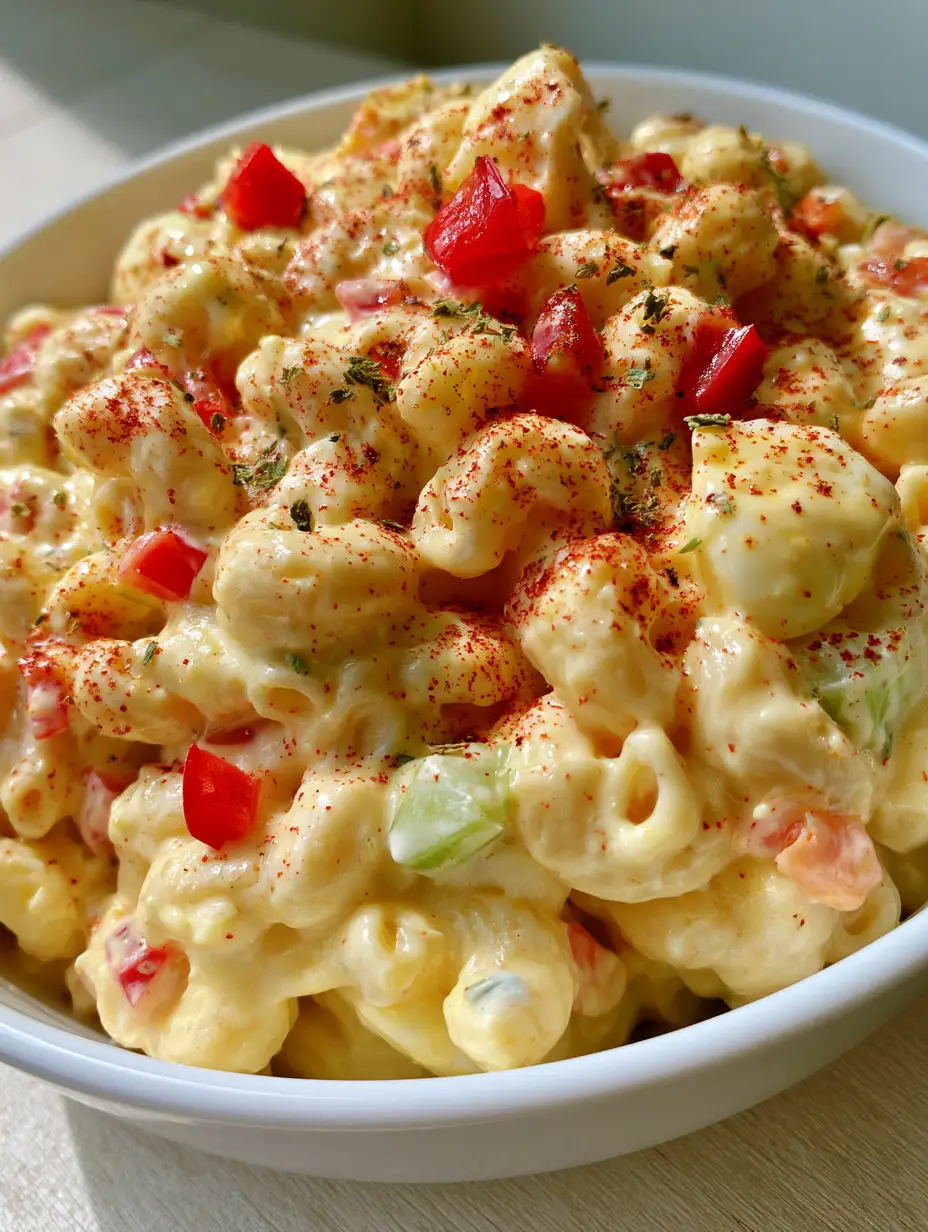 Close-up of Amish Macaroni Salad in a white ceramic bowl showing glossy dressing and paprika dusting.