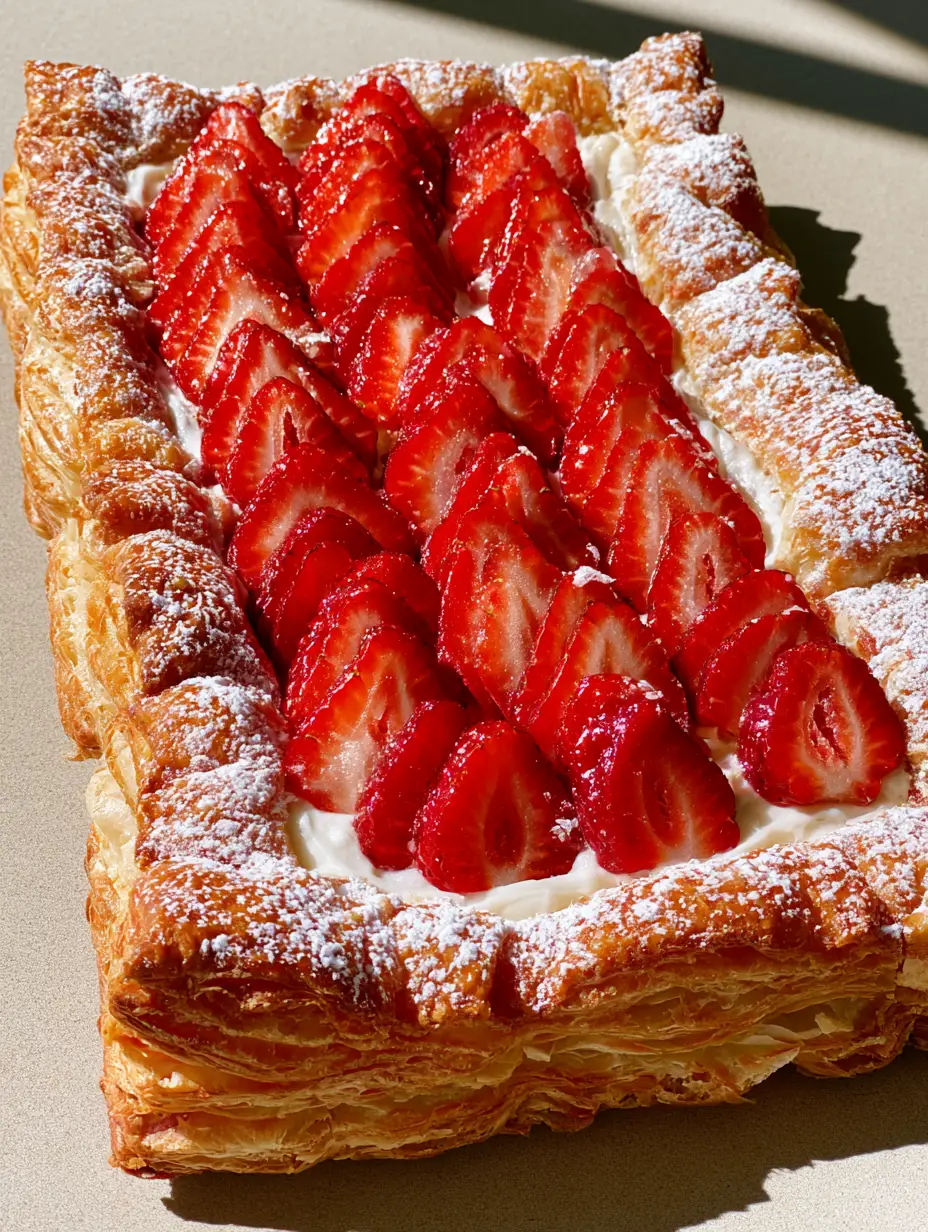 Strawberry Puff Pastry Tart: The Ultimate Flaky Summer Dessert 3 A rectangular Strawberry Puff Pastry Tart on a neutral surface, showing the multi-layered flaky pastry and vibrant red strawberry slices.