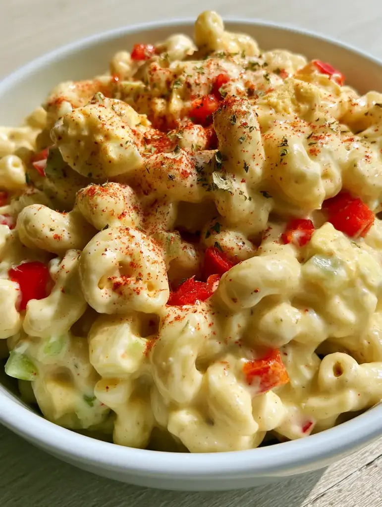 Top-down view of Amish Macaroni Salad featuring chunks of hard-boiled eggs and diced red peppers.