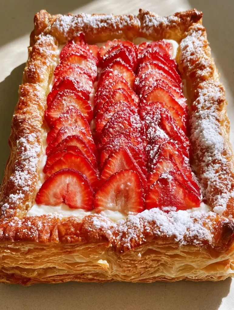 Strawberry Puff Pastry Tart: The Ultimate Flaky Summer Dessert 1 Close-up of a Strawberry Puff Pastry Tart showing the dusting of powdered sugar over sliced strawberries.