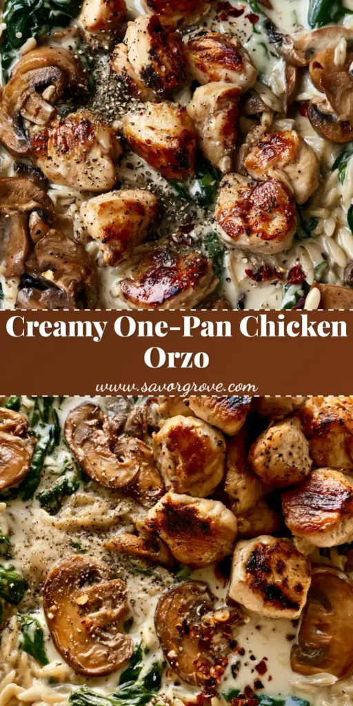 Creamy Chicken Mushroom Orzo with Wilted Spinach 4 A close-up of Creamy Chicken Mushroom Orzo in a white skillet with seared chicken, mushrooms, and spinach.