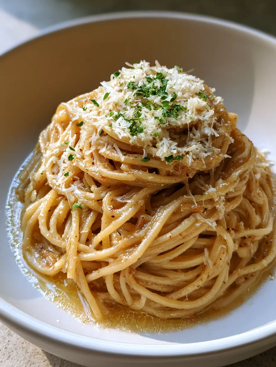 Overhead view of a shallow white ceramic bowl filled with Garlic Butter Pasta, highlighting the oily sheen and specks of garlic.