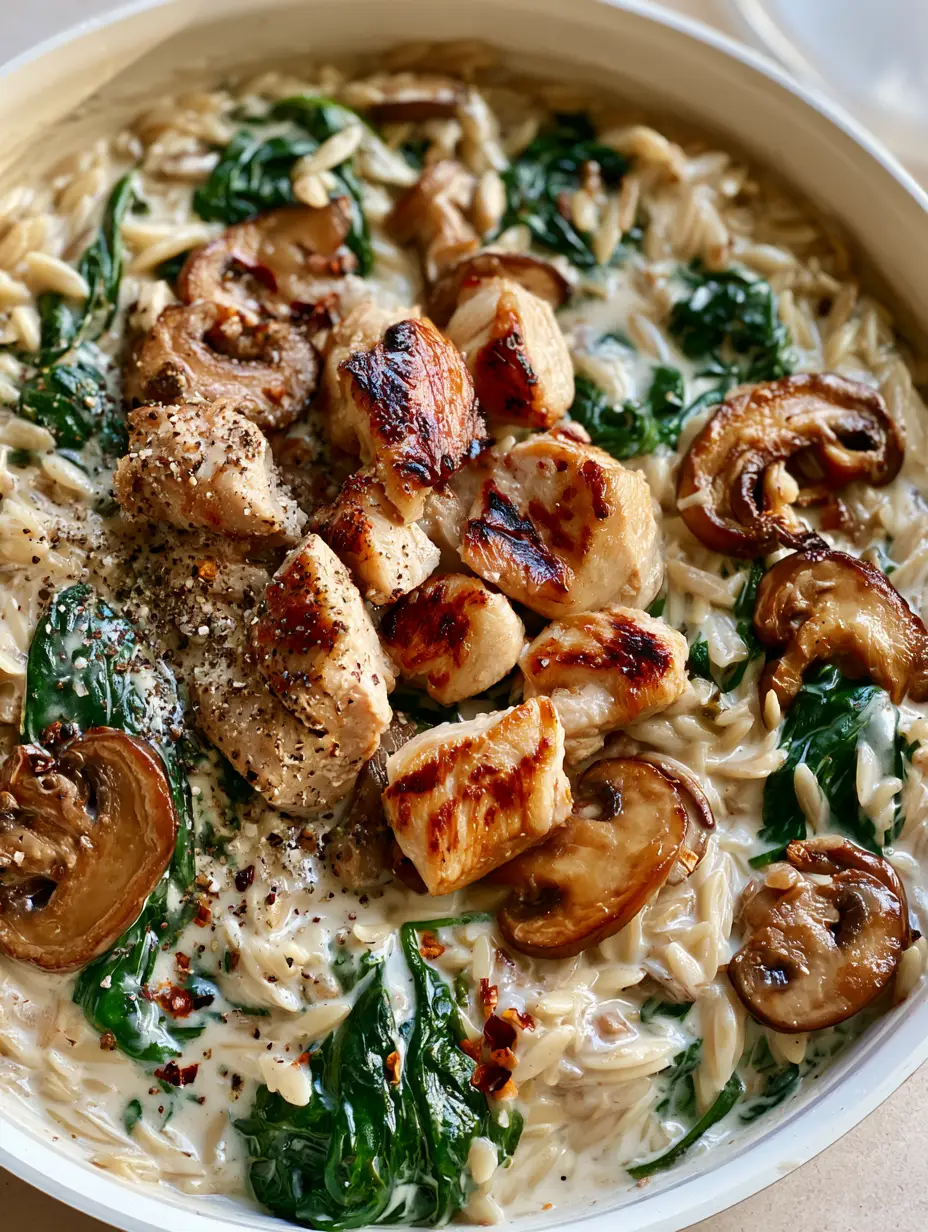 Creamy Chicken Mushroom Orzo with Wilted Spinach 3 Top-down view of Creamy Chicken Mushroom Orzo showing the thick glossy sauce and seared chicken pieces.