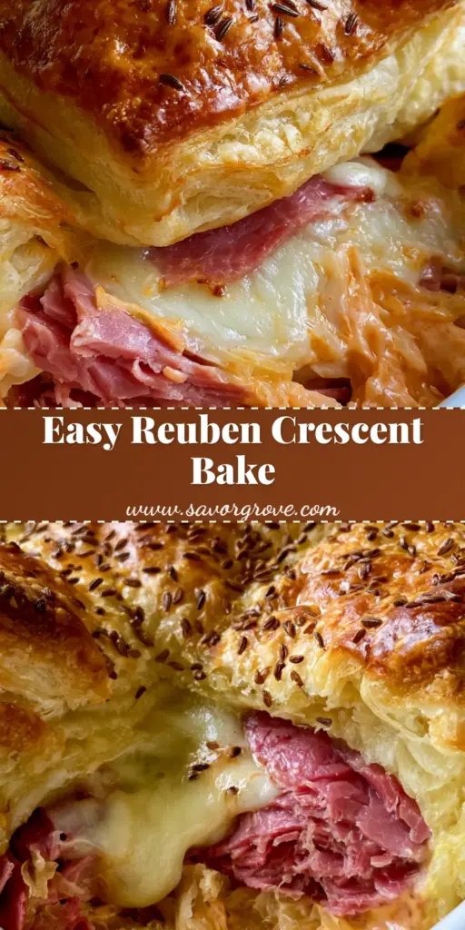Reuben Casserole Crescent Bake with Toasted Caraway Crust 4 A close-up vertical shot of a Reuben Casserole Crescent Bake square being lifted from a white dish, showing gooey Swiss cheese and caraway seeds.