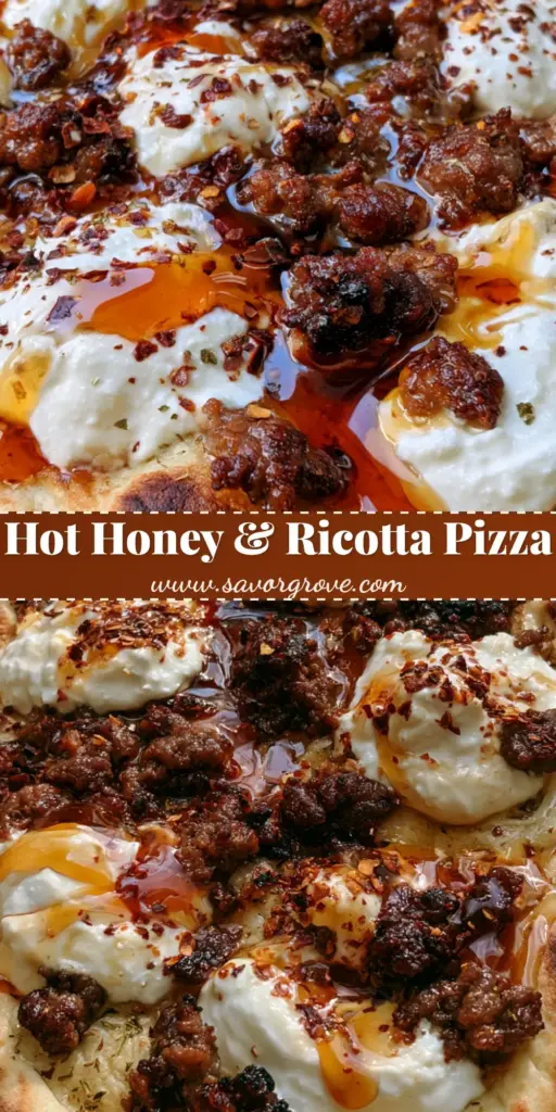 Hot Honey Pizza with Naan, Ricotta, and Crispy Beef Sausage 4 A close-up of a Hot Honey Pizza on a naan crust with ricotta dollops, beef sausage, and a glossy honey drizzle.