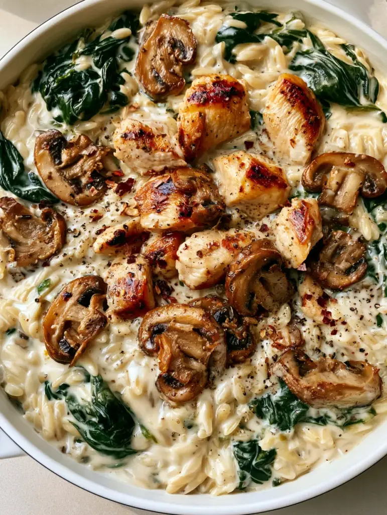 Creamy Chicken Mushroom Orzo with Wilted Spinach 1 A handheld smartphone photo of creamy orzo with spinach and mushrooms.