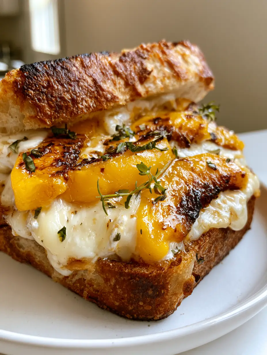 Peach and Brie Grilled Cheese with Honey and Fresh Herbs 3 Close up of melted Brie cheese and seared peaches with fresh herbs on a toasted baguette.