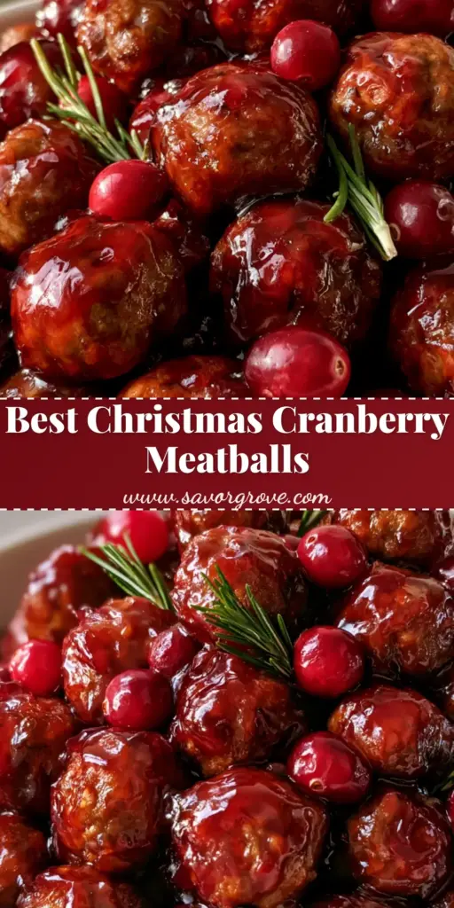 A tall white ceramic bowl filled with small, bite-sized Christmas Cranberry Meatballs coated in a glistening dark ruby red glaze, garnished with fresh whole cranberries and green rosemary sprigs.