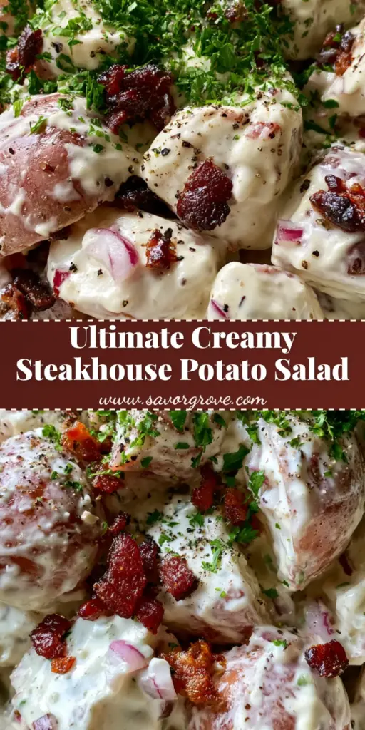 A overhead view of Steakhouse Potato Salad in a white bowl showing red-skinned potatoes, crispy bacon crumbles, and fresh parsley.