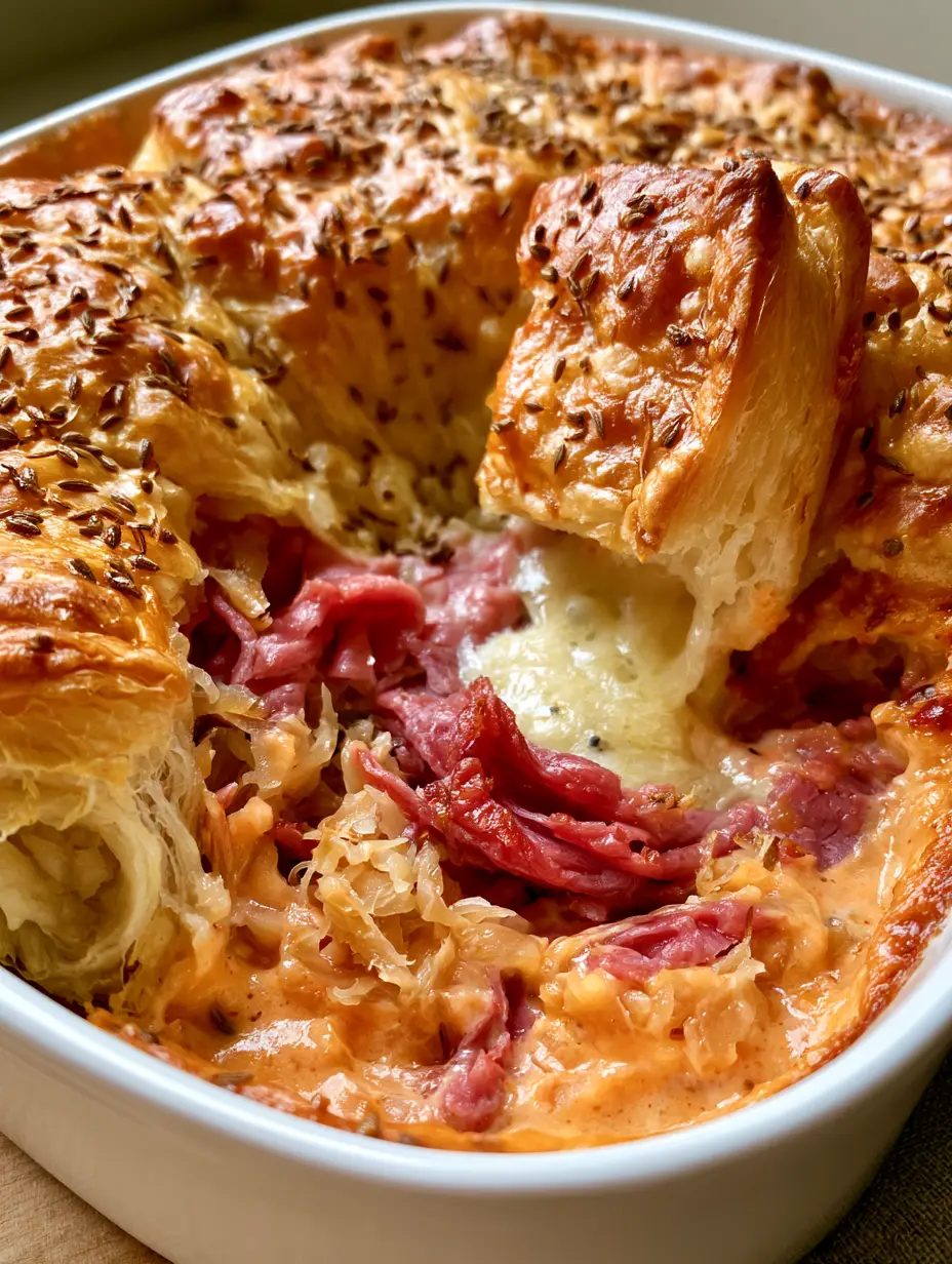 Reuben Casserole Crescent Bake with Toasted Caraway Crust 3 Handheld smartphone photo of Reuben Casserole Crescent Bake in a white ceramic dish with golden-brown crust.