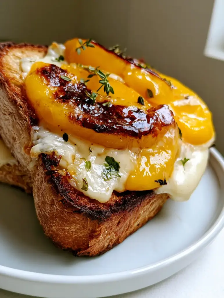 Peach and Brie Grilled Cheese with Honey and Fresh Herbs 1 A gourmet Peach and Brie Grilled Cheese resting on a white ceramic plate showing the deep golden brown crunchy texture.