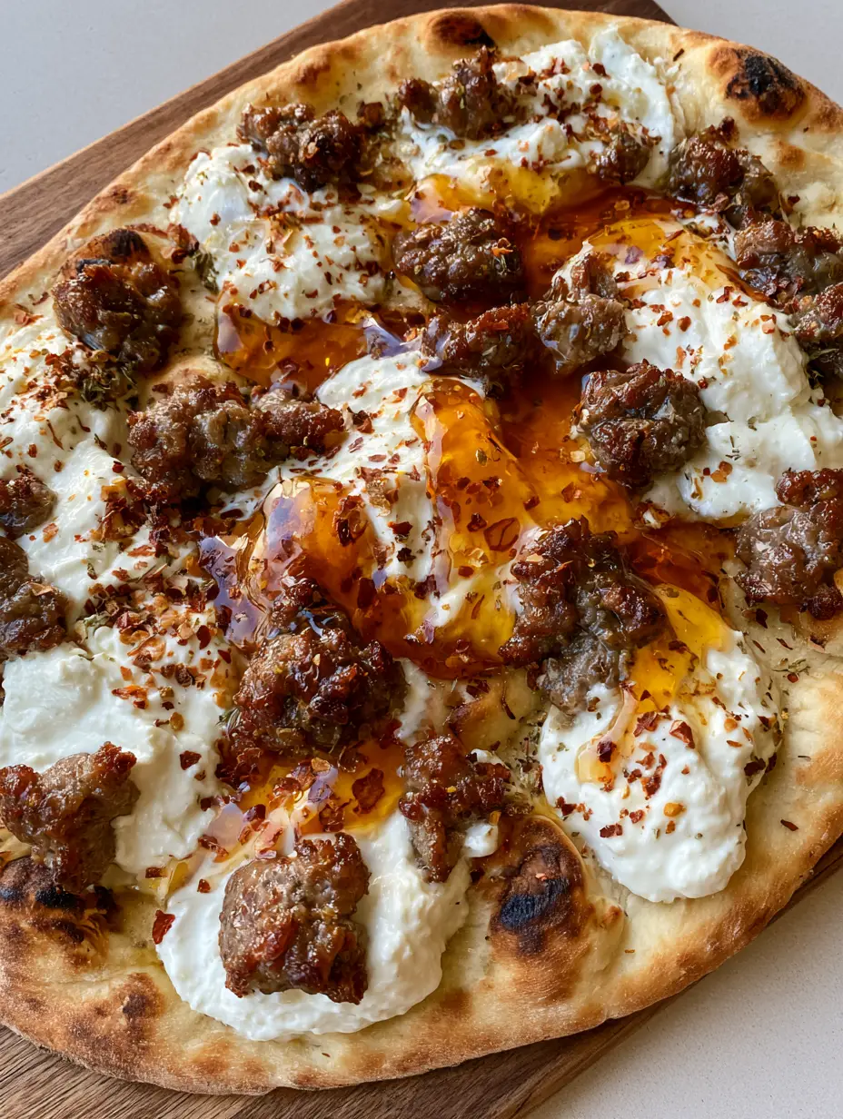 Hot Honey Pizza with Naan, Ricotta, and Crispy Beef Sausage 3 Overhead view of a toasted Hot Honey Pizza featuring charred naan crust and creamy white ricotta dollops.