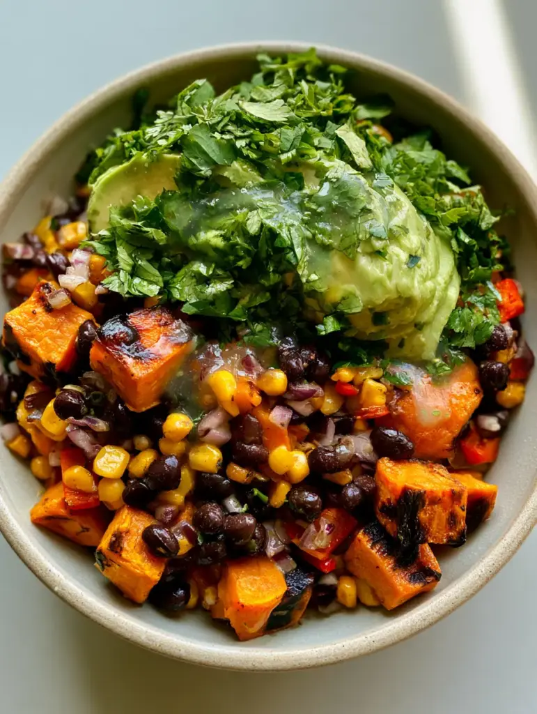Roasted Sweet Potato Black Bean Salad: The Ultimate Nutrient-Packed Bowl 2 Top-down view of Roasted Sweet Potato Black Bean Salad showing caramelized edges and creamy avocado.