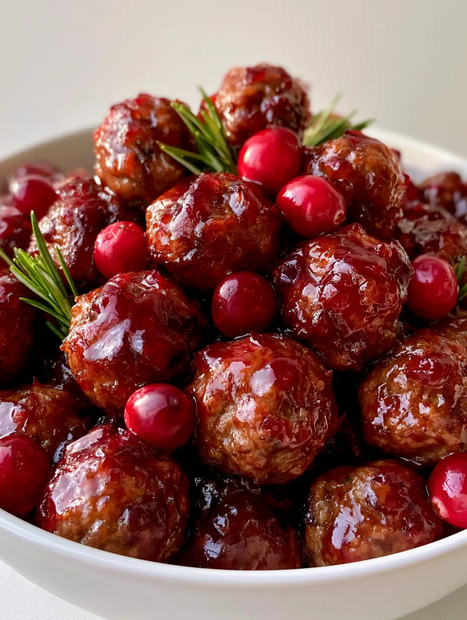 Close up of browned bite-sized Christmas Cranberry Meatballs in a translucent red sauce with fresh rosemary garnish.