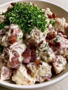 Close up of Steakhouse Potato Salad featuring thick creamy white dressing and cracked black pepper.