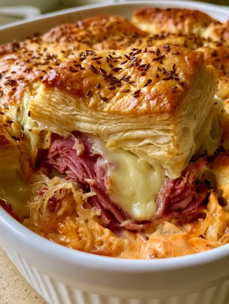Reuben Casserole Crescent Bake with Toasted Caraway Crust 1 Close-up of the layers inside the Reuben Casserole Crescent Bake including corned beef and sauerkraut.