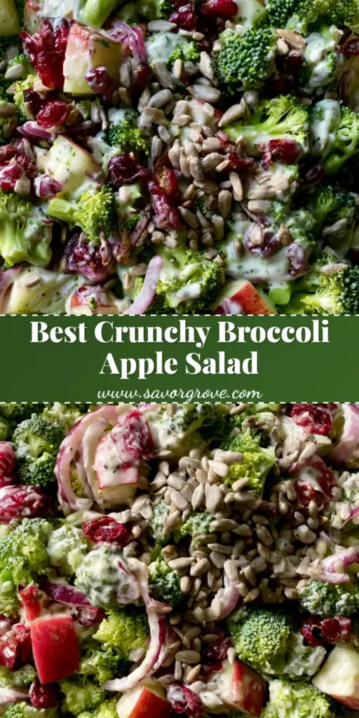 A clear glass bowl of Broccoli Apple Salad featuring raw green florets, red-skinned apple cubes, and a thick creamy white dressing.