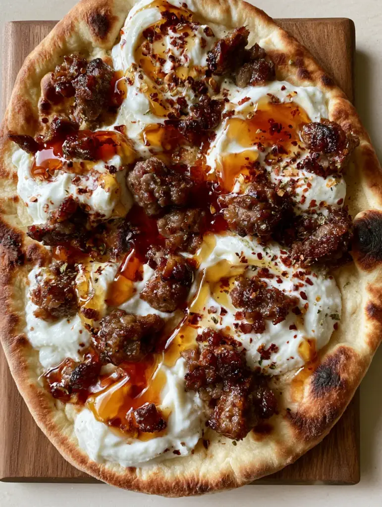 Hot Honey Pizza with Naan, Ricotta, and Crispy Beef Sausage 1 Close up of Hot Honey Pizza showing the translucent amber-red drizzle over crispy beef sausage crumbles.