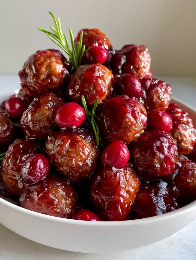 Overhead view of a ceramic bowl containing Christmas Cranberry Meatballs, showing the browned texture and whole cranberries.