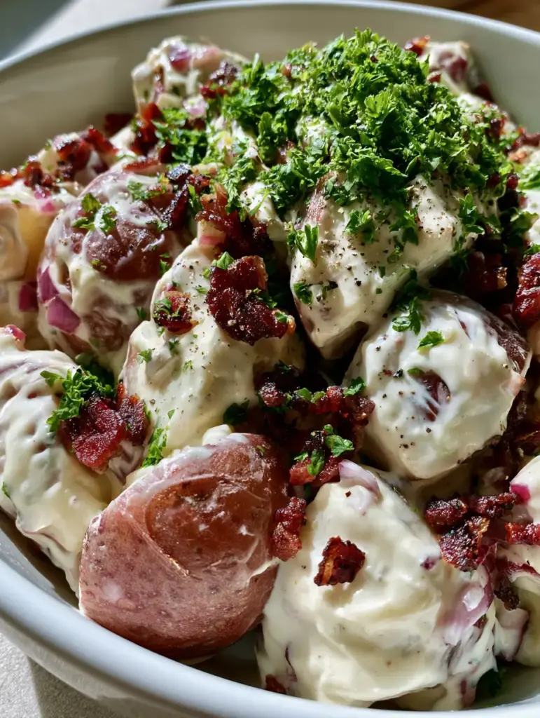 Steakhouse Potato Salad garnished with vibrant green parsley and dark brown seared bacon bits.