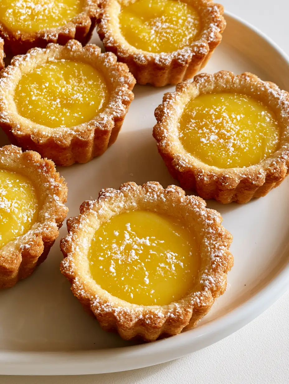 Lemon Bar Cookie Cups with Glossy Lemon Curd 3 Close up of individual Lemon Bar Cookie Cups showing the scalloped rim and dusting of powdered sugar.