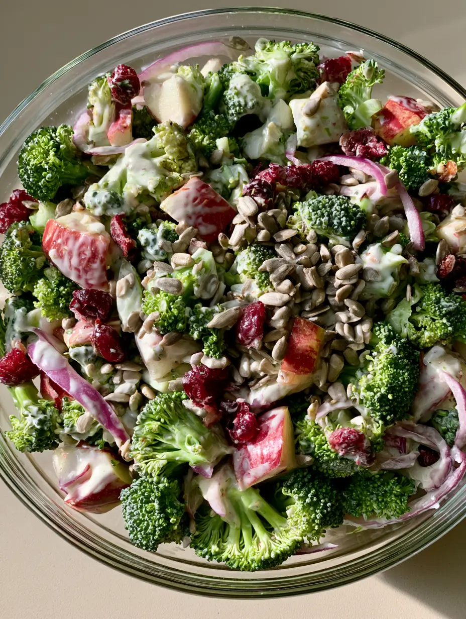 Close up shot of Broccoli Apple Salad showing the glossy white dressing and ruby-red cranberries.